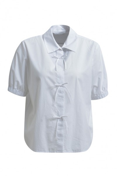 Blouse w collar, placket + bows at cf, 1/2 sleeve w elastic cuff